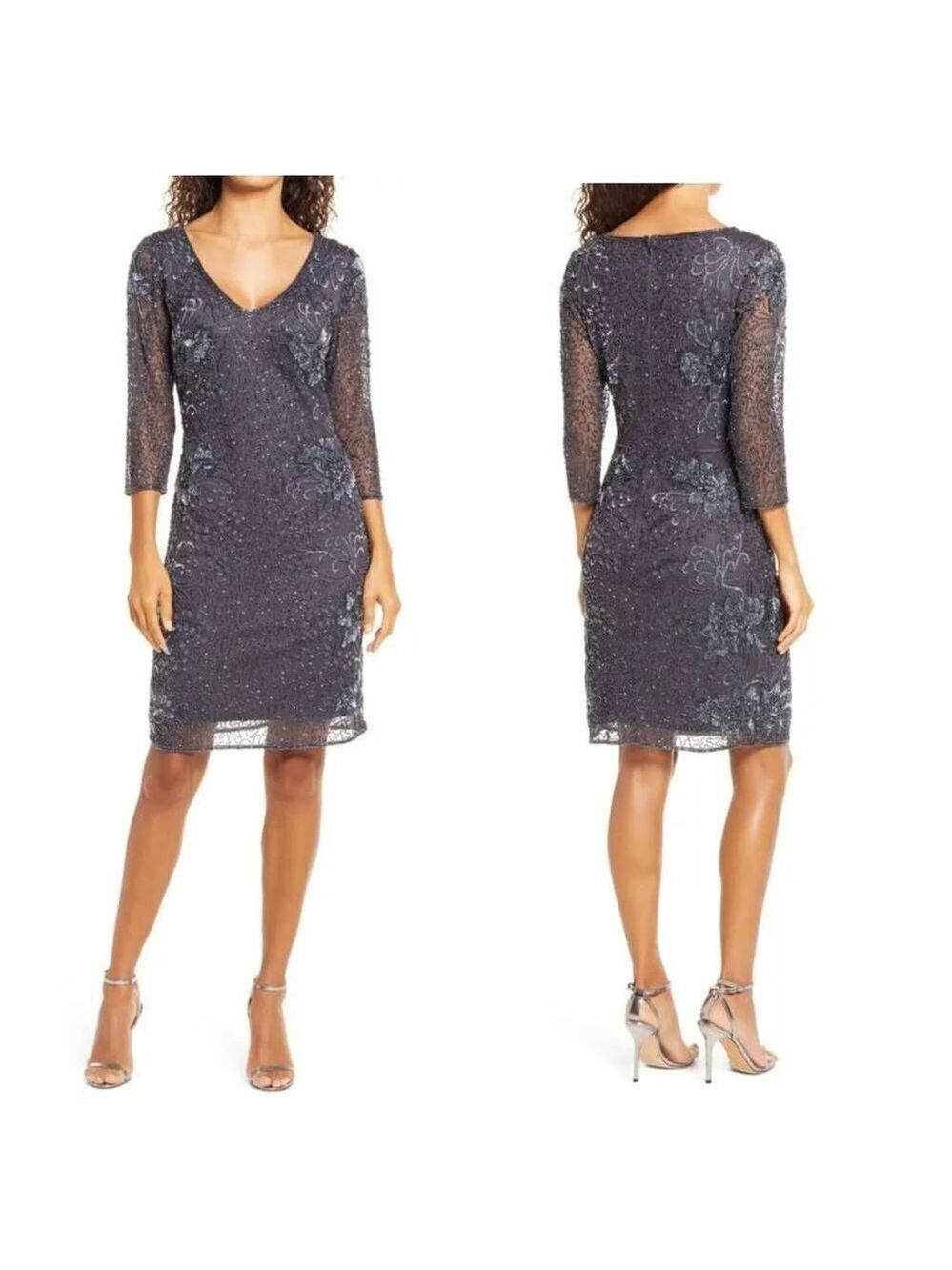 Pisarro Nights Beaded V-Neck Cocktail Dress Sz 4